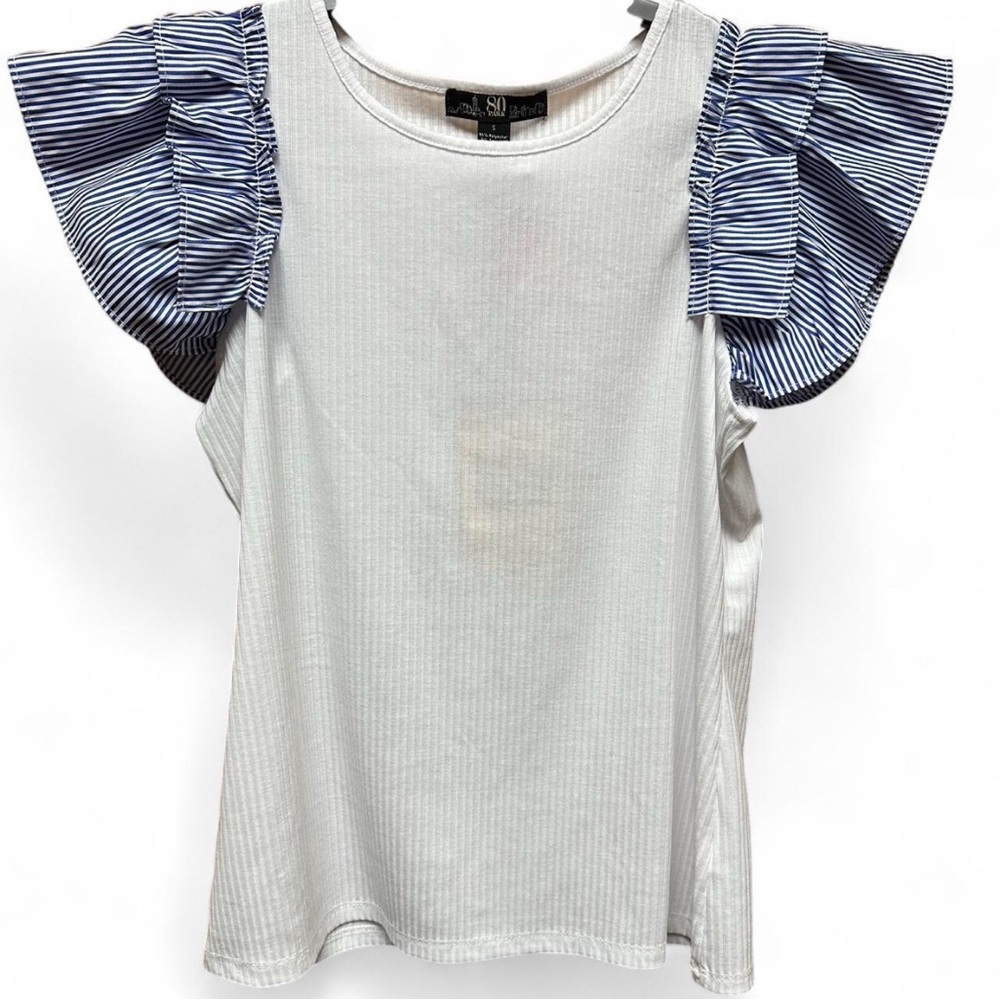 80 Park White and Blue Striped Sleeve Top